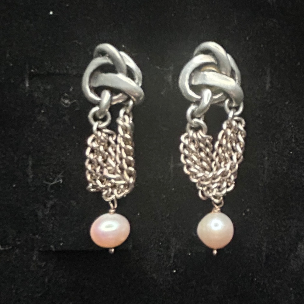 Vintage‎ Silver Tone Knot Tassel Dangle Earrings Faux Pearl Fringe Retro